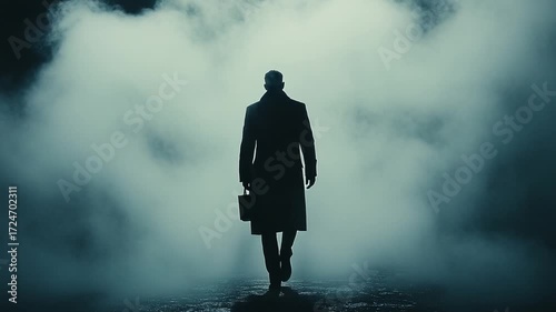Lone Figure in a Trench Coat Walking into Mysterious Fog.