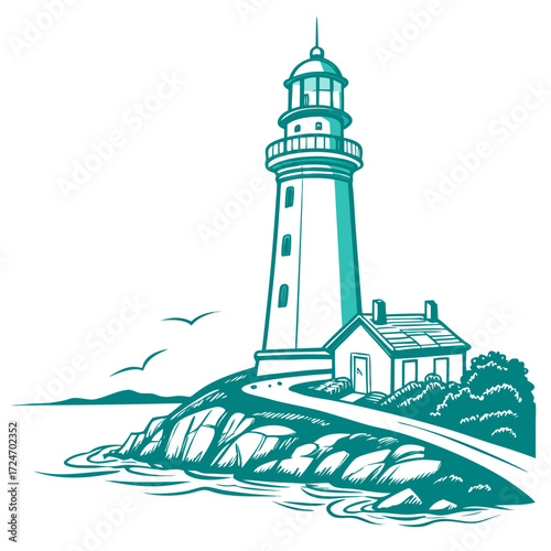 Vector art of iconic lighthouse standing tall on a rocky cliff, guiding ships with its beacon of light, a picturesque coastal scene with a charming house nearby