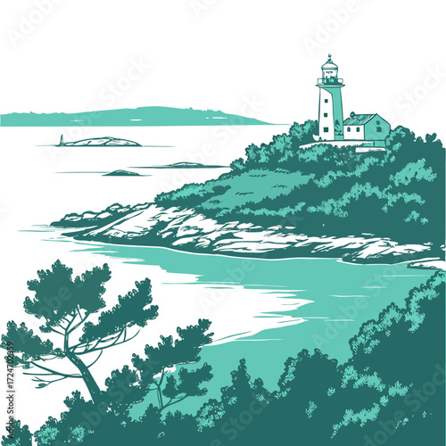 Vector art of a picturesque scene unfolds with a lighthouse perched atop a verdant hill, overlooking a tranquil bay, with a solitary tree in the foreground, creating a serene coastal landscape