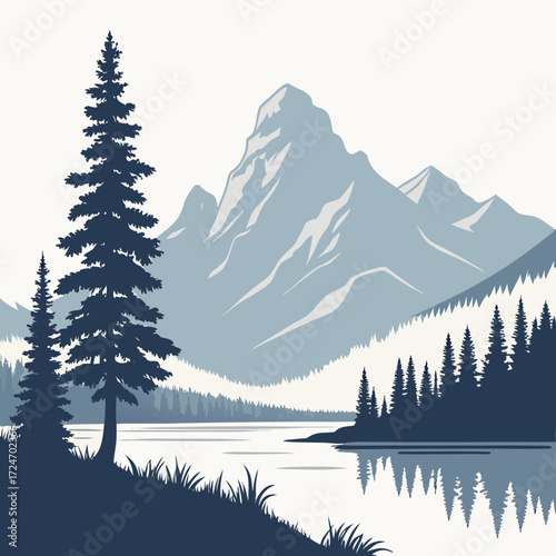 Vector art of a serene mountain landscape with a tranquil lake reflecting the majestic peaks and lush forest, creating a peaceful and scenic vista