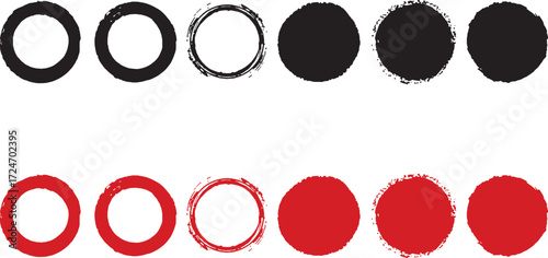 circle, ring, grunge, texture, rough, brush stroke, ink, paint, stain, imperfect, irregular, outline, solid, black, red, isolated, white background, set, collection, graphic, design, illustration, abs