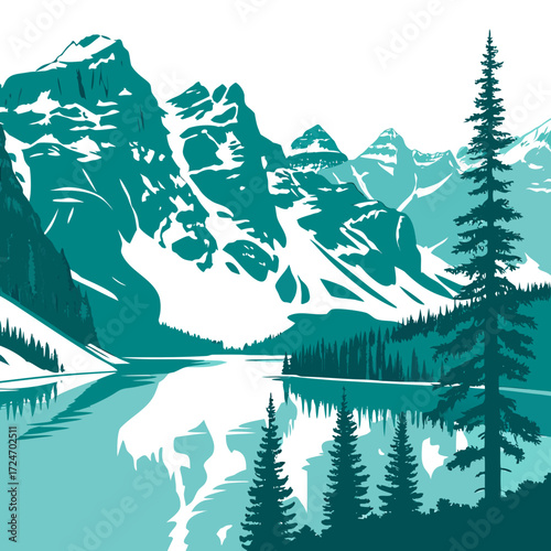 Vector art of a captivating vector illustration of moraine lake in banff national park, alberta, canada, displaying the stunning rocky mountains, turquoise water, and dense evergreen forests