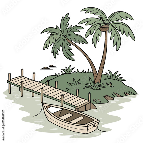 Vector art of a tropical island paradise with swaying palm trees, a wooden dock, and a charming boat, a serene escape to a sunkissed oasis awaits