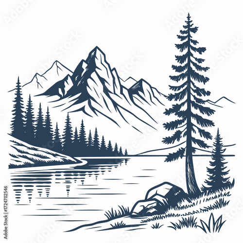 Vector art of scenic mountain landscape illustration showcasing a pristine lake reflecting the rugged peaks and dense forest, capturing the essence of natural tranquility