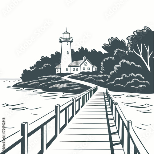 Vector art of a picturesque lighthouse stands tall on a tranquil island, connected by a wooden pier, a beacon of hope guides the way through the serene waters