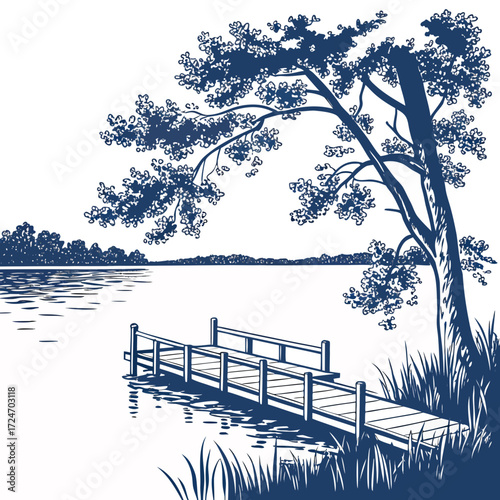 Vector art of a picturesque lakeside scene featuring a wooden pier extending into the water, with a leaning tree adding character to the tranquil landscape