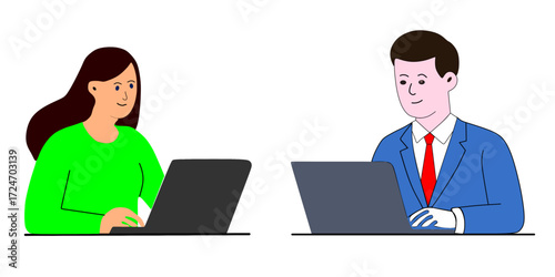 A man and a woman sit at a table with their laptops. They appear to be working or collaborating. Editable vector image.