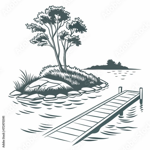 Vector art of a serene monochrome illustration depicts a small, treecovered island in a calm lake, connected to the shore by a wooden pier, creating a peaceful and idyllic scene