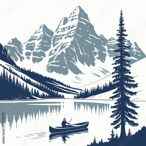 Vector art of a lone canoeist paddles across a tranquil lake, mirroring the majestic mountains and evergreen trees, creating a serene and adventurous scene