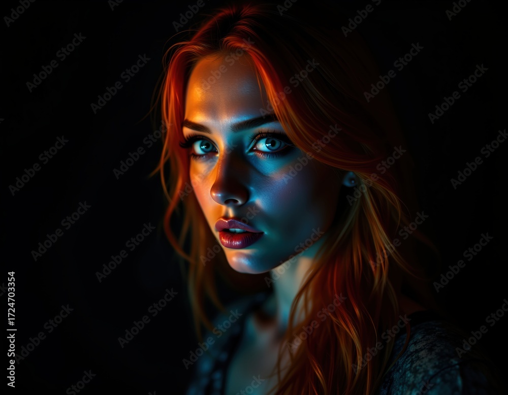Obraz premium Terrified Expression of a Woman with Auburn Hair and Bright Eyes