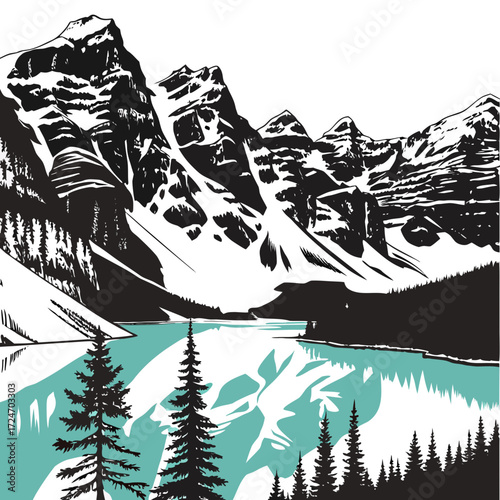 Vector art of a captivating black and white vector illustration of moraine lake in banff national park, canada, showcasing the majestic snowcapped mountains and serene turquoise waters