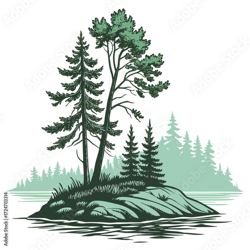 Vector art of a tranquil vector illustration of a small island with pine trees and lush greenery, reflecting in the calm waters, evoking a sense of peace and natural beauty