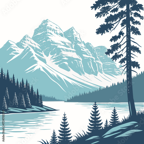 Vector art of majestic mountain range reflected in a serene lake surrounded by evergreen forests, creating a tranquil and picturesque landscape
