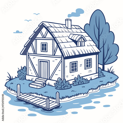 Vector art of a picturesque vector illustration features a cozy house with a small dock on a secluded island, evoking a sense of tranquility and escape