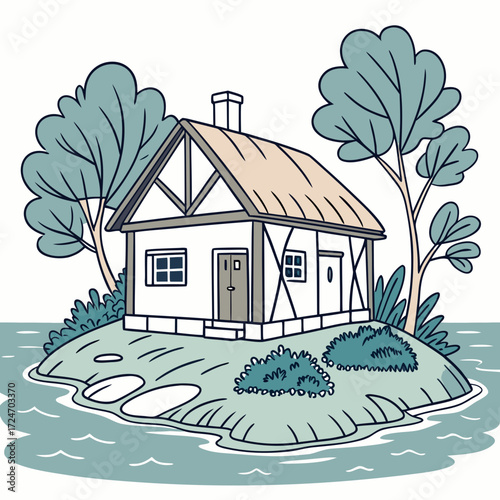 Vector art of a charming vector illustration depicts a quaint cottage nestled on a small island, surrounded by trees and water, creating a peaceful retreat