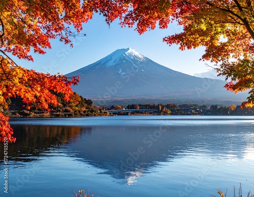 Autumnal view of Mt. Fuji, framed by vibrant foliage.  A serene lake reflects the majestic mountain