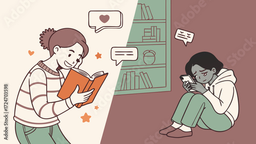 Vector Contrast of Happy Reader vs Stressed Phone User Showing Disadvantages of Overuse and Digital Addiction