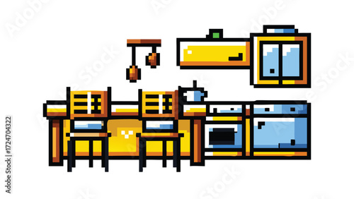 itchen Interior 8-Bit Pixel Art Background. Cozy Retro RPG House Scene