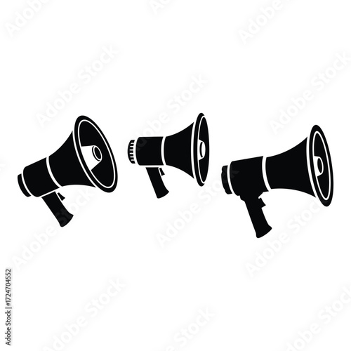 Three silhouette megaphones amplifying sound communication and public announcements message