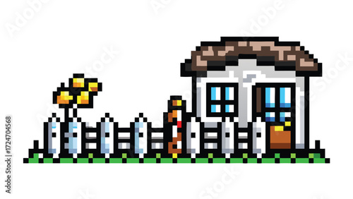 House Front Yard 8-Bit Pixel Art Background. Daytime Retro RPG Home Scene