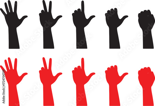 hand, silhouette, gesture, number, counting, fingers, open hand, fist, pointing, red, black, human, body part, communication, symbol, sign, isolated, white background, set, collection, opposition, con