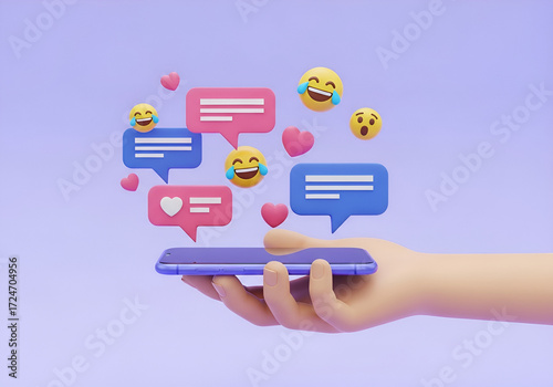 3d render of a hand holding smartphone with social media chat bubbles and emojis floating