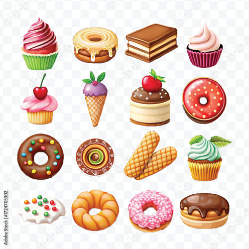 realistic 3d delicious food icons set isolated on transparent background
