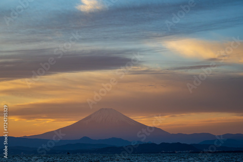 Wallpaper Mural Mount Fuji at Sunset with Ocean and Colorful Sky in Japan Torontodigital.ca