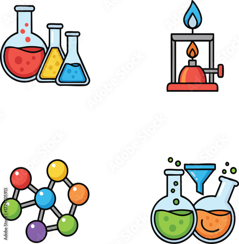 Chemical laboratory equipment displays various experiments and reactions in a clean, modern style, representing scientific discovery and innovation.