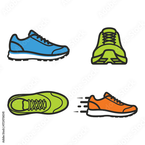 Colorful running shoes multiple views and action shot for fitness and sports