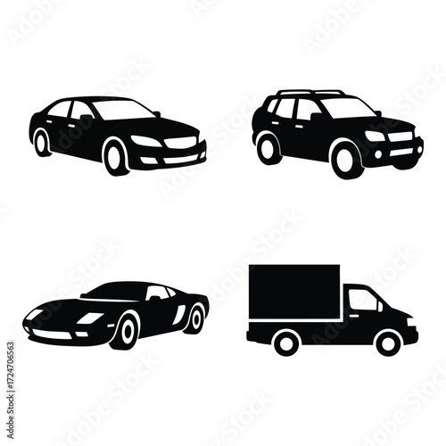 Collection of black silhouettes of different vehicles sedan suv sports car and truck