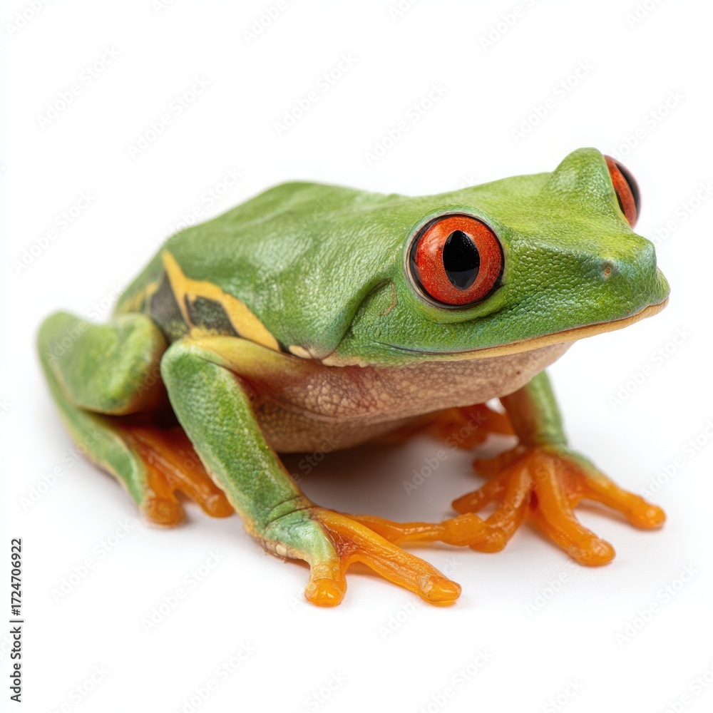 Obraz premium Vibrant green red eyed tree frog perched on a white background showcasing its bright orange feet