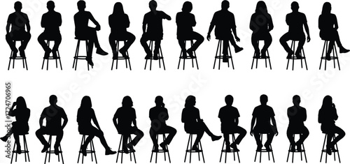 Seated silhouette, stool pose, human figure, casual posture, black shape, gesture study, sitting person, body language, design, reference