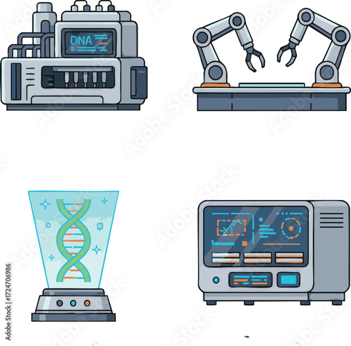 Robotic arms and dna equipment performing tests in laboratory for scientific research and medical advancements.