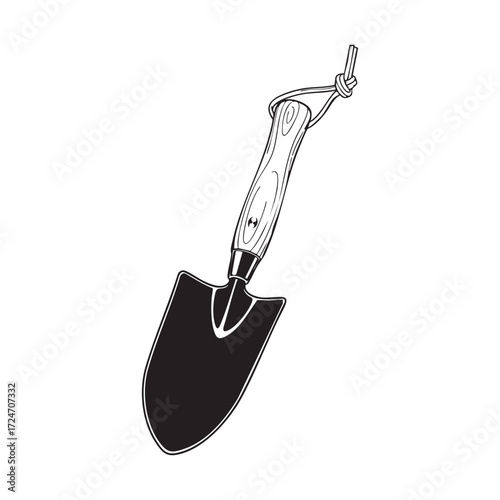 Garden Trowel: A meticulously rendered monochrome illustration of a garden trowel, ideal for cultivating soil and nurturing plant growth.