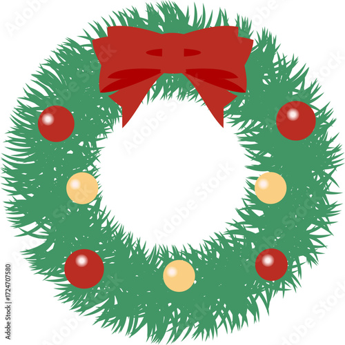 赤いリボンとオーナメントで飾られたクリスマスリースのベクターイラスト｜クリスマス, リース, リボン, 飾り, ベクター, オーナメント