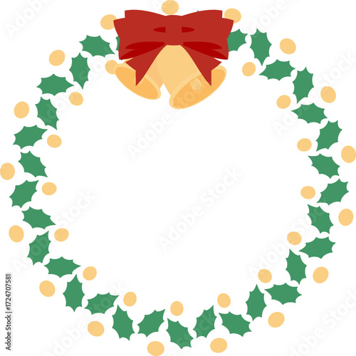 赤いリボンとオーナメントで飾られたクリスマスリースのベクターイラスト｜クリスマス, リース, リボン, 飾り, ベクター, オーナメント