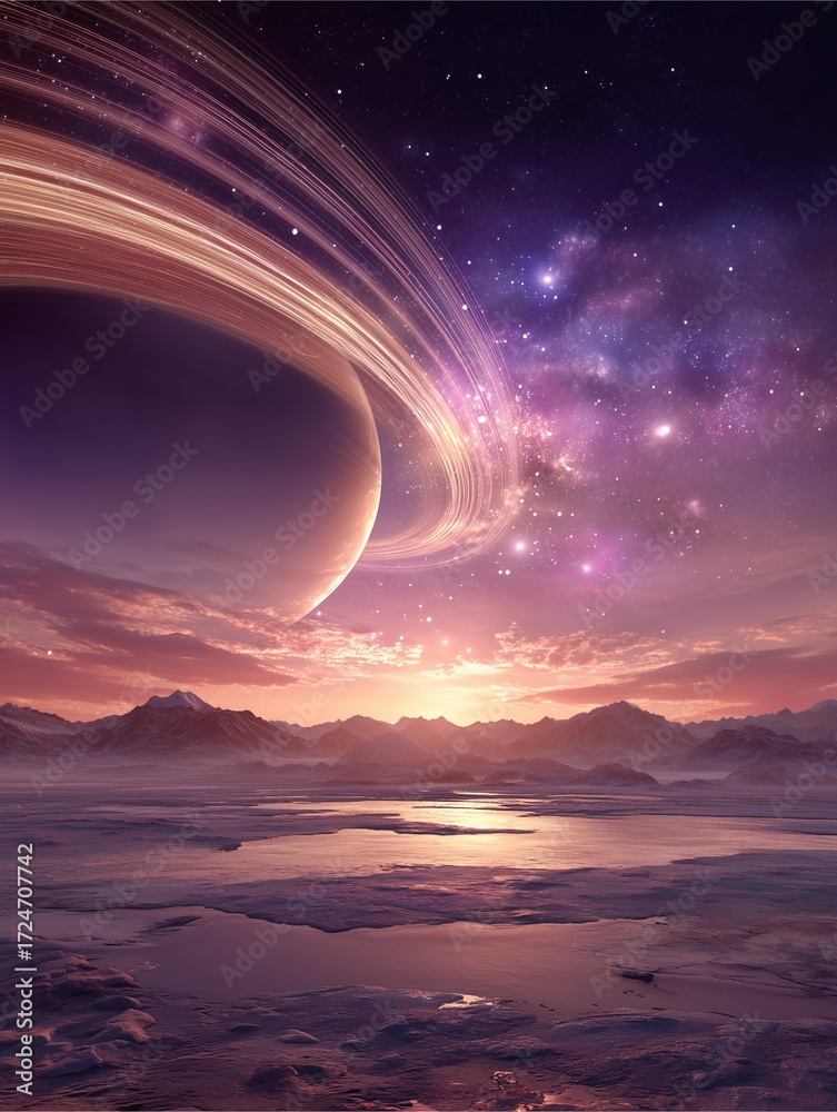 Fototapeta premium Celestial Symphony: Witness a breathtaking panorama of a ringed planet dominating a vibrant sunset sky, where celestial bodies dance and cosmic wonders unfold in a tapestry of breathtaking beauty.