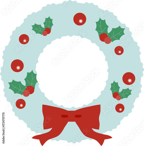 赤いリボンとオーナメントで飾られたクリスマスリースのベクターイラスト｜クリスマス, リース, リボン, 飾り, ベクター, オーナメント