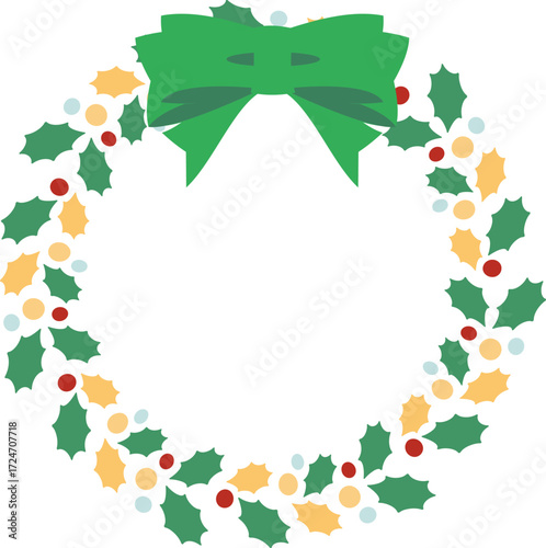 赤いリボンとオーナメントで飾られたクリスマスリースのベクターイラスト｜クリスマス, リース, リボン, 飾り, ベクター, オーナメント