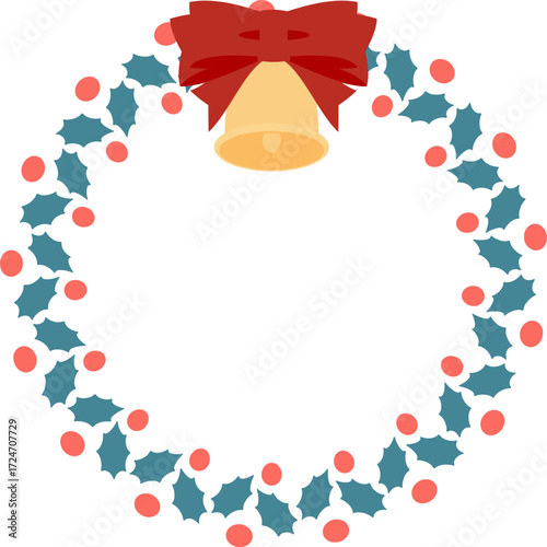赤いリボンとオーナメントで飾られたクリスマスリースのベクターイラスト｜クリスマス, リース, リボン, 飾り, ベクター, オーナメント