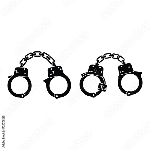 Two pairs of metal handcuffs linked by chains symbolizing restraint and law enforcement