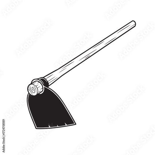 Hoe Tool Icon: An elegantly crafted image of a hoe tool, meticulously illustrated in high detail and perfect for agriculture, gardening, and cultivation projects.
