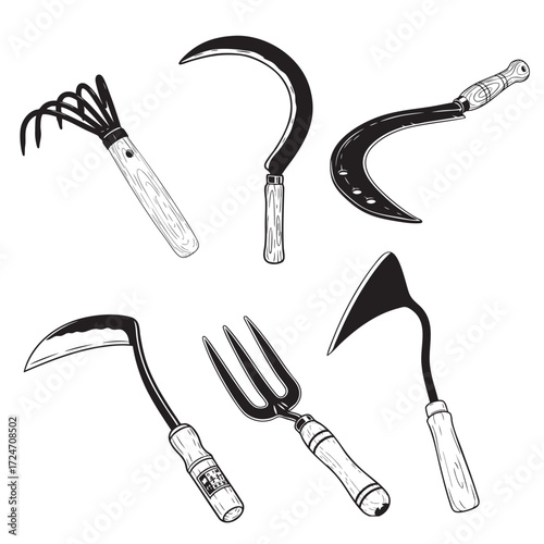 Gardening Tools: Illustrated collection of various gardening tools, showcasing the essential implements for tending to plants, landscaping, and cultivating a thriving garden.
