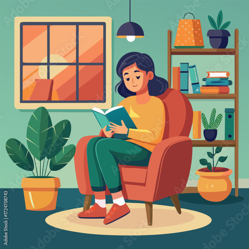 young girl sits in an armchair and reads a book