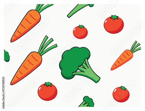 Seamless pattern of fresh vegetables including carrots tomatoes and broccoli