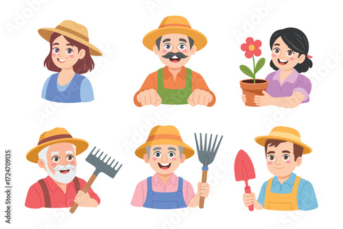 Set of Vector Cartoon Farmer Characters Featuring Friendly Farmers with Hats, Pitchforks, and Farm Animals, Great for Farming Promotions, Rural Marketing, and Educational Graphics