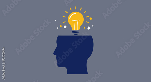 This flat design illustration depicts a creative mind generating a brilliant new idea, symbolized by a popping lightbulb. It represents innovation and problem-solving in a clean, modern style.