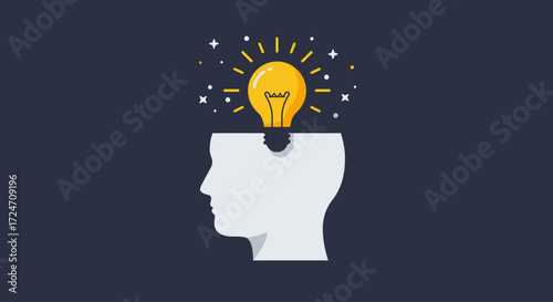 This flat design illustration depicts a creative mind generating a brilliant new idea, symbolized by a popping lightbulb. It represents innovation and problem-solving in a clean, modern style.