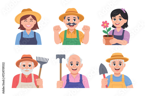 Set of Vector Cartoon Farmer Characters Featuring Friendly Farmers with Hats, Pitchforks, and Farm Animals, Great for Farming Promotions, Rural Marketing, and Educational Graphics